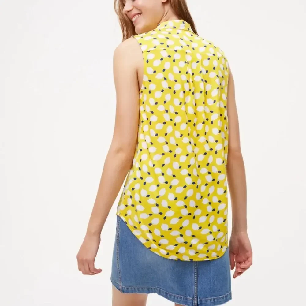 LOFT Lemon Print Top Womens Medium Yellow Novelty Playful Lemonade Tank - Picture 4 of 9